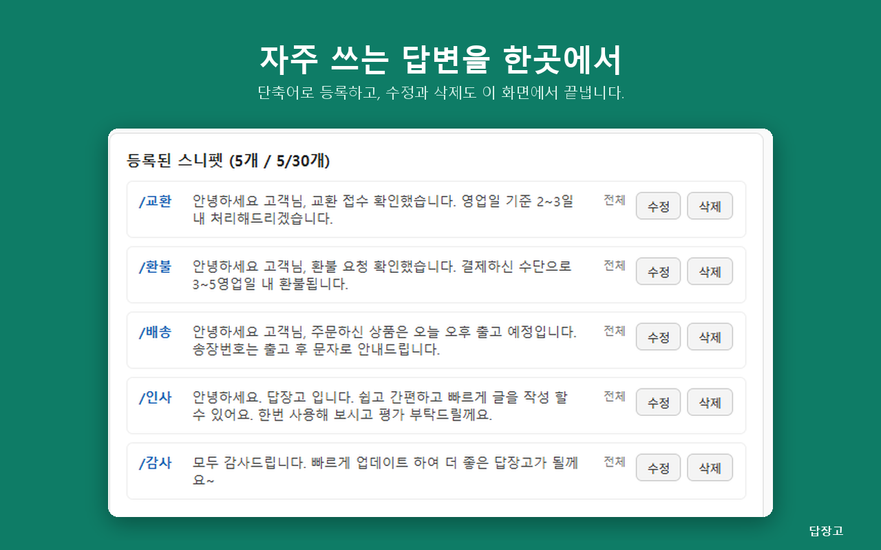 옵션 페이지의 스니펫 목록 화면. 단축어와 답변 문구를 추가, 수정, 삭제할 수 있습니다.